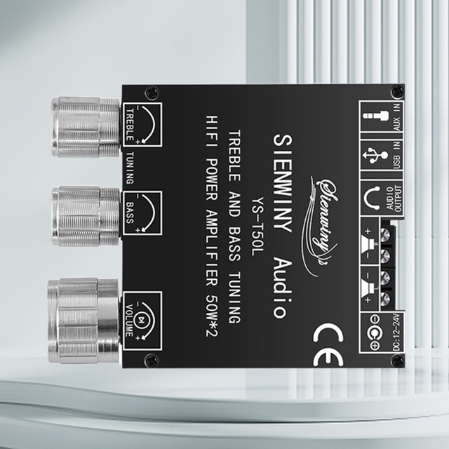 ys-t50l amplificador de audio estéreo canal 5.1 compatible con bluetooth 5.1 50W*2 útil vista frontal centrada de la unidad rectangular negra con texto blanco 'YS-T50L' y 'HiFi Power Amplifier 50W*2', tres perillas metálicas etiquetadas Treble, Bass y Volume a la izquierda, entradas USB/AUX y bornes de salida a la derecha, logos CE y marca Bsvklp visibles sobre fondo neutro. Admite control por la app YS Audio y es adecuado para sistemas 5.1 y altavoces pasivos; también se usa a menudo como amplificador compacto para setups de escritorio.