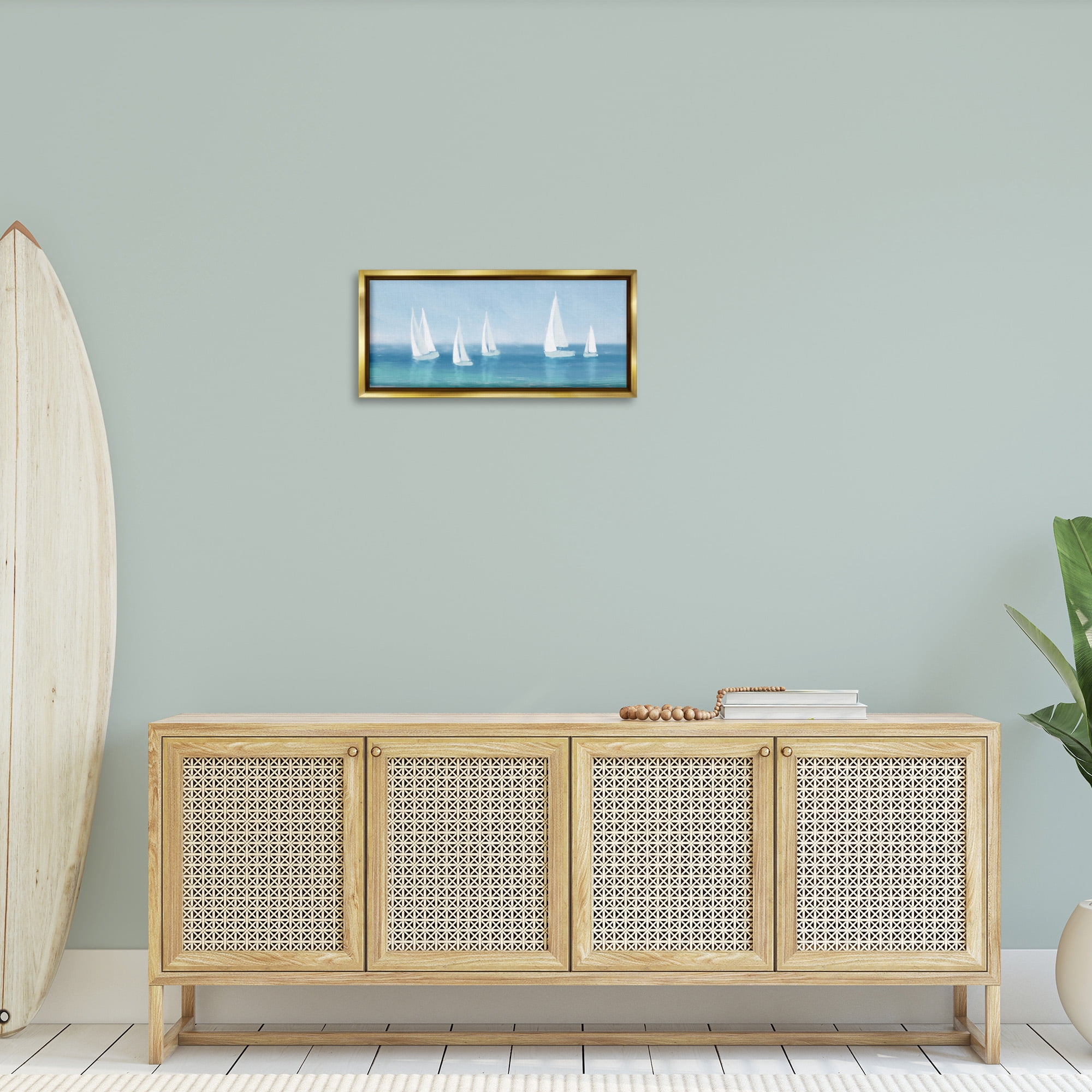 Stupell Industries White Sail Boats Across Coast Nature Painting Gold Floater Framed Canvas Art Print Wall Art, 25 x 11