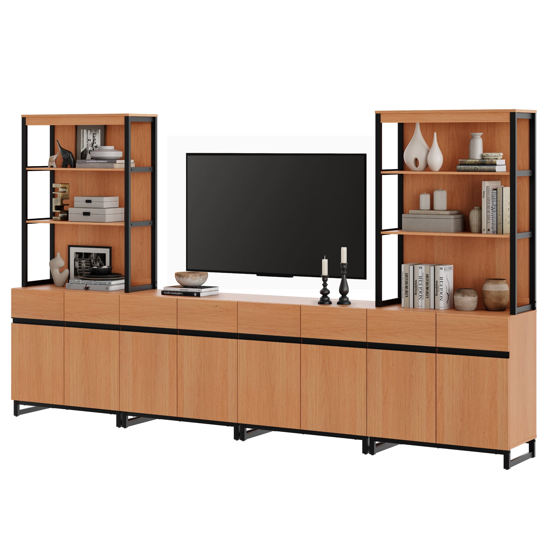 WAMPAT Modern Farmhouse TV Stand with 3-Tier Bookshelf & 4 Large Storage Cabinets, Adjustable Shelf Wooden Media Console with Black Metal Legs Entertainment Center for Living Room