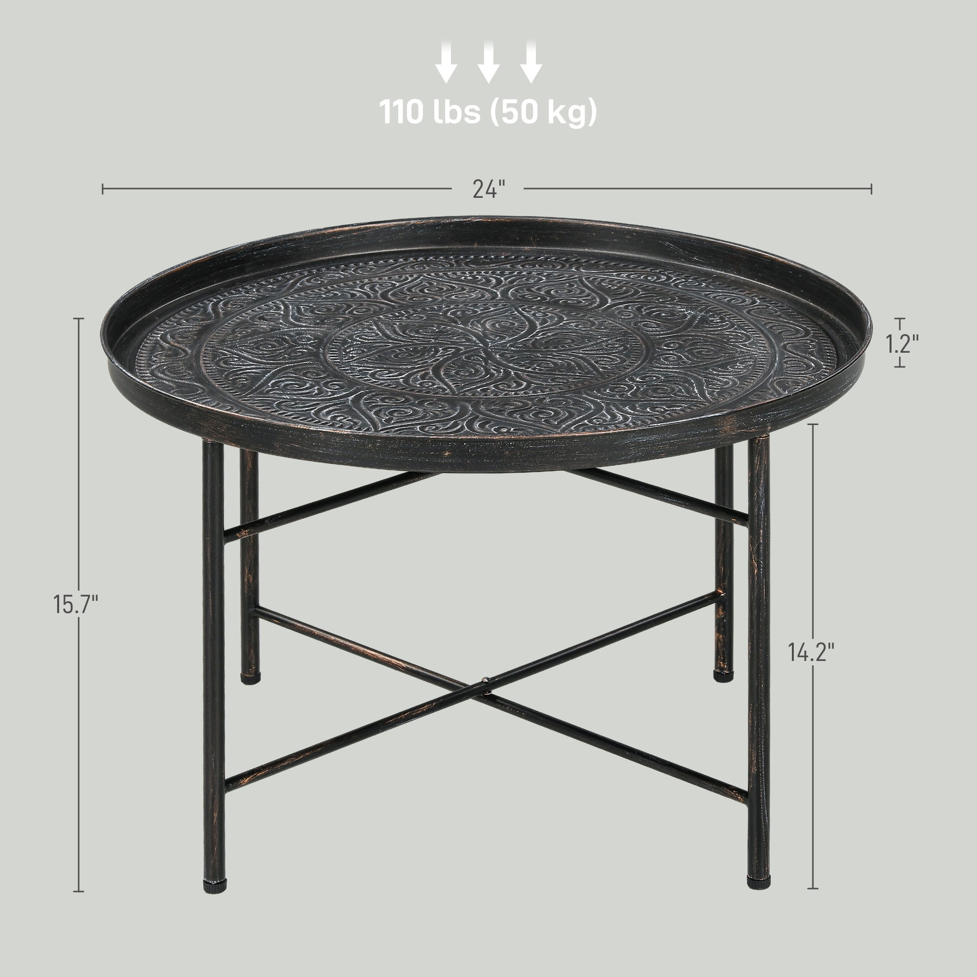 HOMCOM 24" Round Coffee Table with Hammered Tray Top & Metal Frame, Pewter