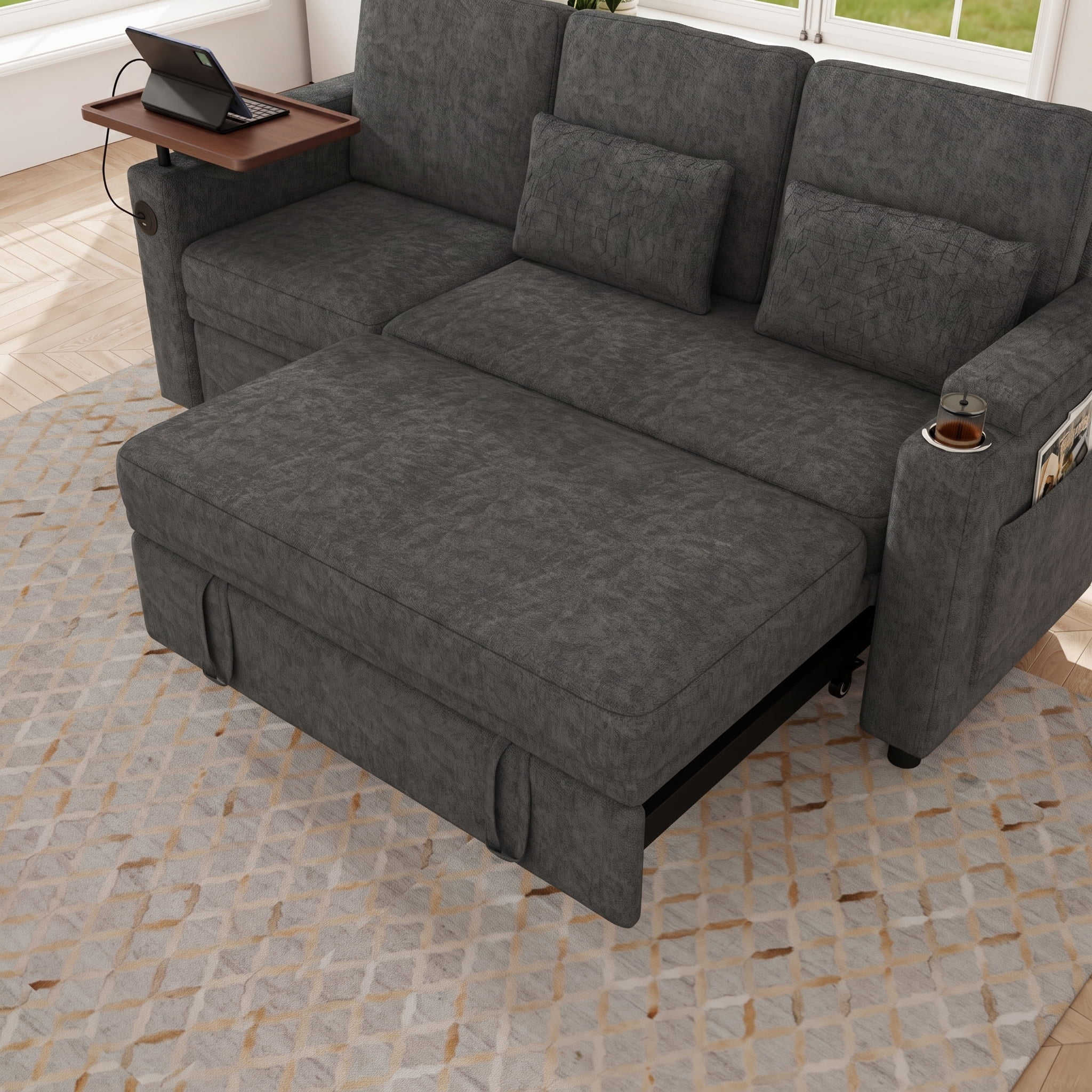 Leumius 3-in-1 Foldable 3 Seater Sofa Bed with Table Board,USB Ports,Armrest Storage,Adjustable Backrest,81inch Multi-Functional Chenille Fabric Sofa Couch for Living Room,Dark Gray