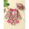 thumbnail image 2 of Bagilaanoe Newborn Baby Girl One-Piece Swimsuit Print Long Sleeve Rashguard Swimwear + Swimming Cap 3M 6M 12M 18M 24M Infant Ruffle Bathing Suit, 2 of 9