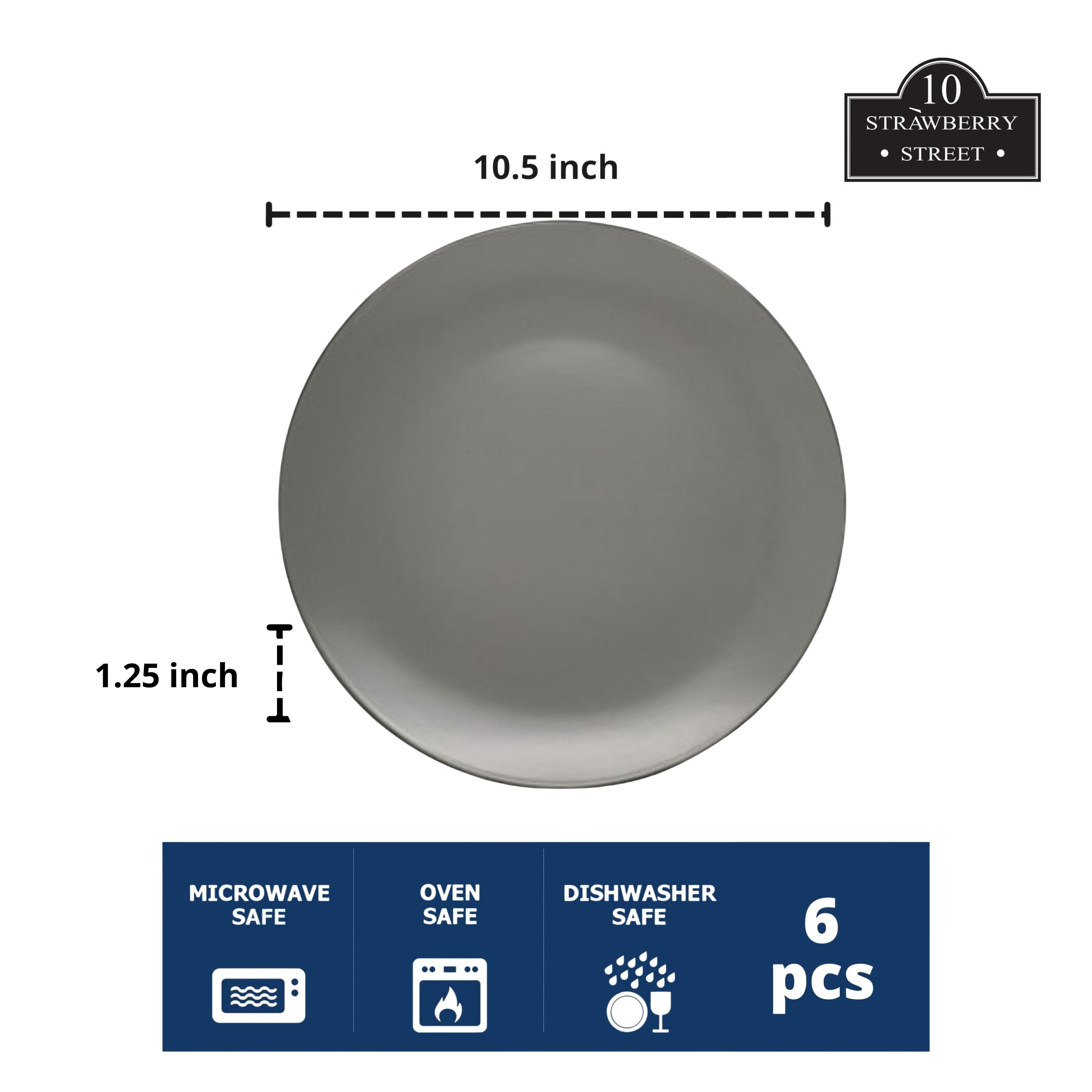 10 Strawberry Street Two Tone Coupe 10.5” Dinner Plate Set Of 6, Black/Gray