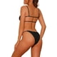 thumbnail image 3 of Conjuntos de bikini de dos piezas de color sólido con canalé para mujer, traje de baño sin espalda con tirantes finos, color negro pequeño, 3 of 5