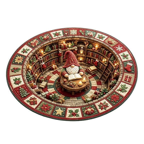 3D Christmas Illusion Round Rug, Faux Wool Round Rug with Christmas Gnome Pattern, Entryway Holiday Home Decor