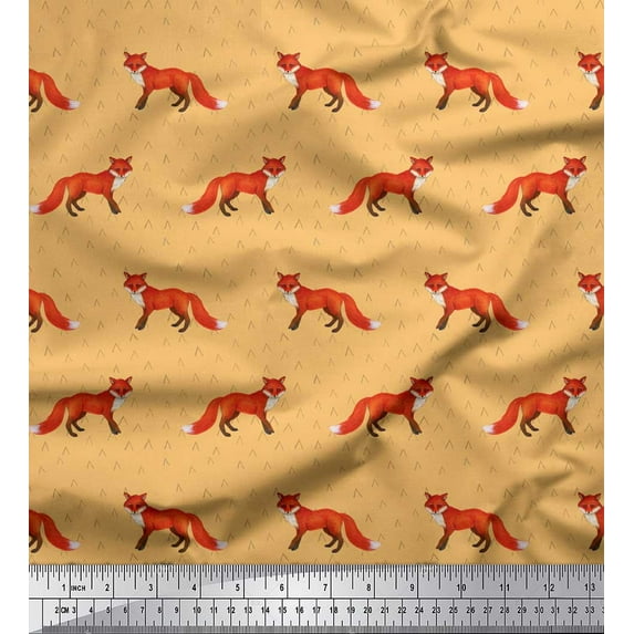 Soimoi Orange polyester Crepe Fabric Fox Animal Decor Fabric Printed Yard 42 Inch Wide