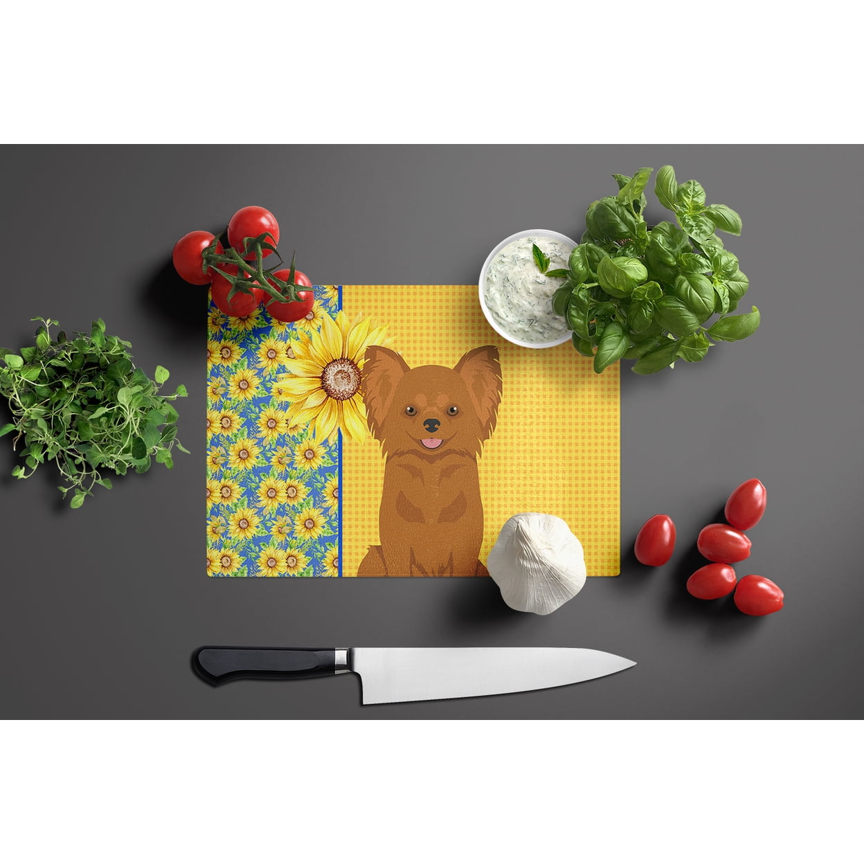 Summer Sunflowers Longhaired Red Chihuahua Glass Cutting Board Large 12 in x 15 in