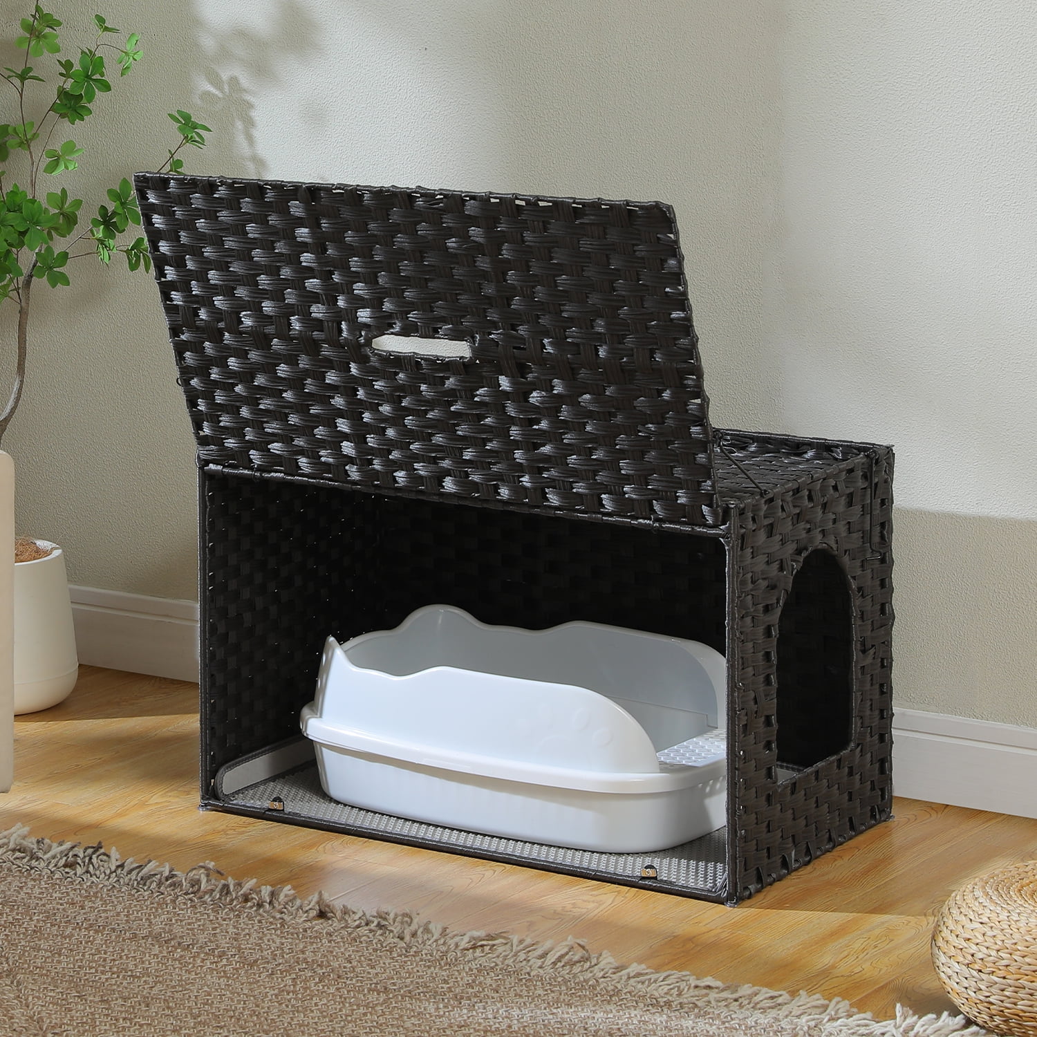 PEQULTI Rattan Cat Litter Box Enclosure Pet House with Taller Doorway for Large Cats Indoor Black