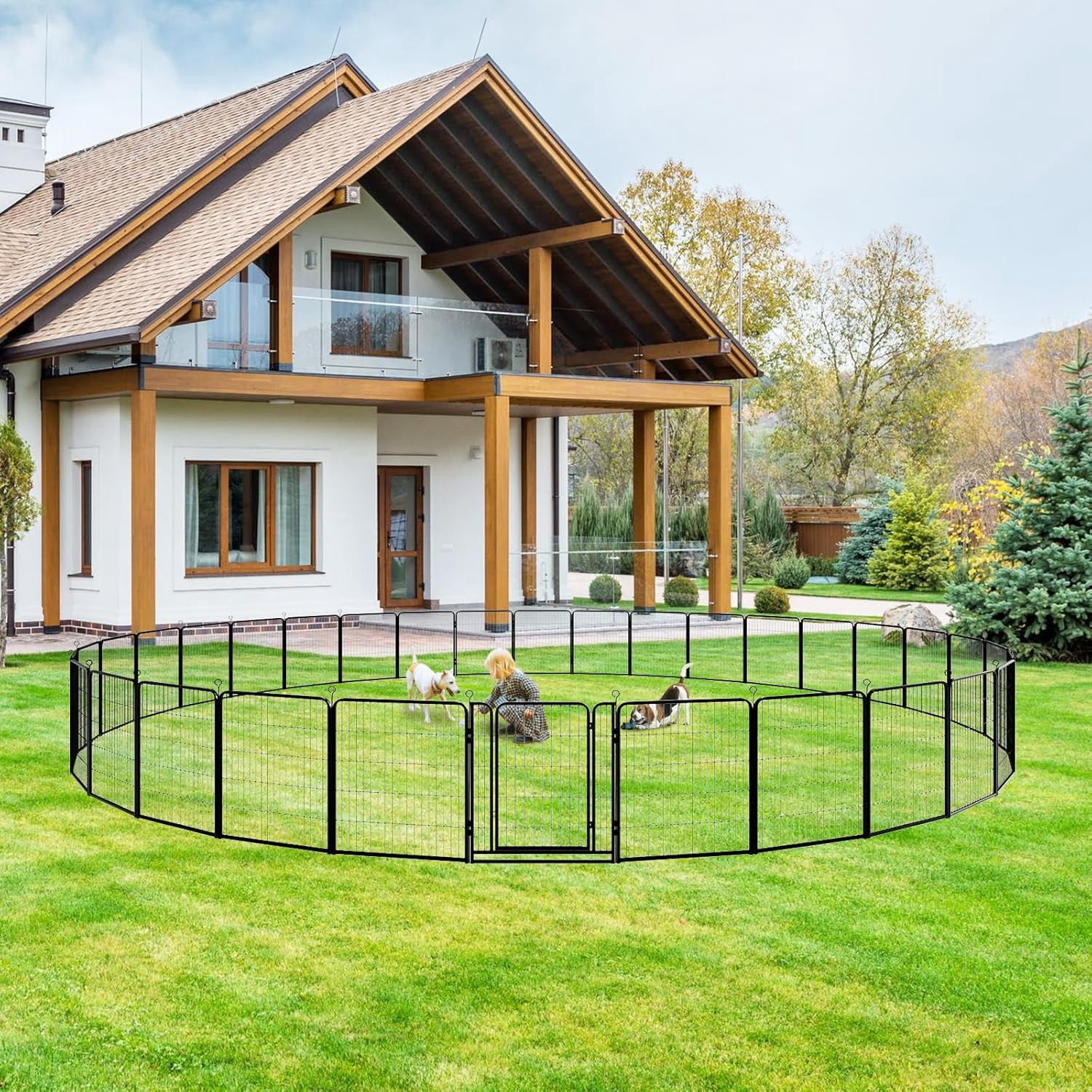 Dog Playpen Outdoor Extra Wide 32 Piece Panels Heavy Duty Dog Fence 40" Height Anti-Rust with Doors Portable for RV Camping Yard, Total 84FT, 561 Sq.ft, Snowy Black