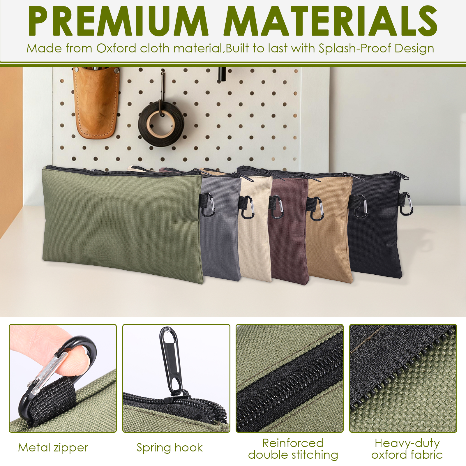 TMWEFUSC 6 Pcs Tool Bag Zipper Pouch Oxford Cloth Tool Pouch Utility Multipurpose Storage Organizer Tool Pouches with Carabiner for Toiletry Cosmetic Stationary