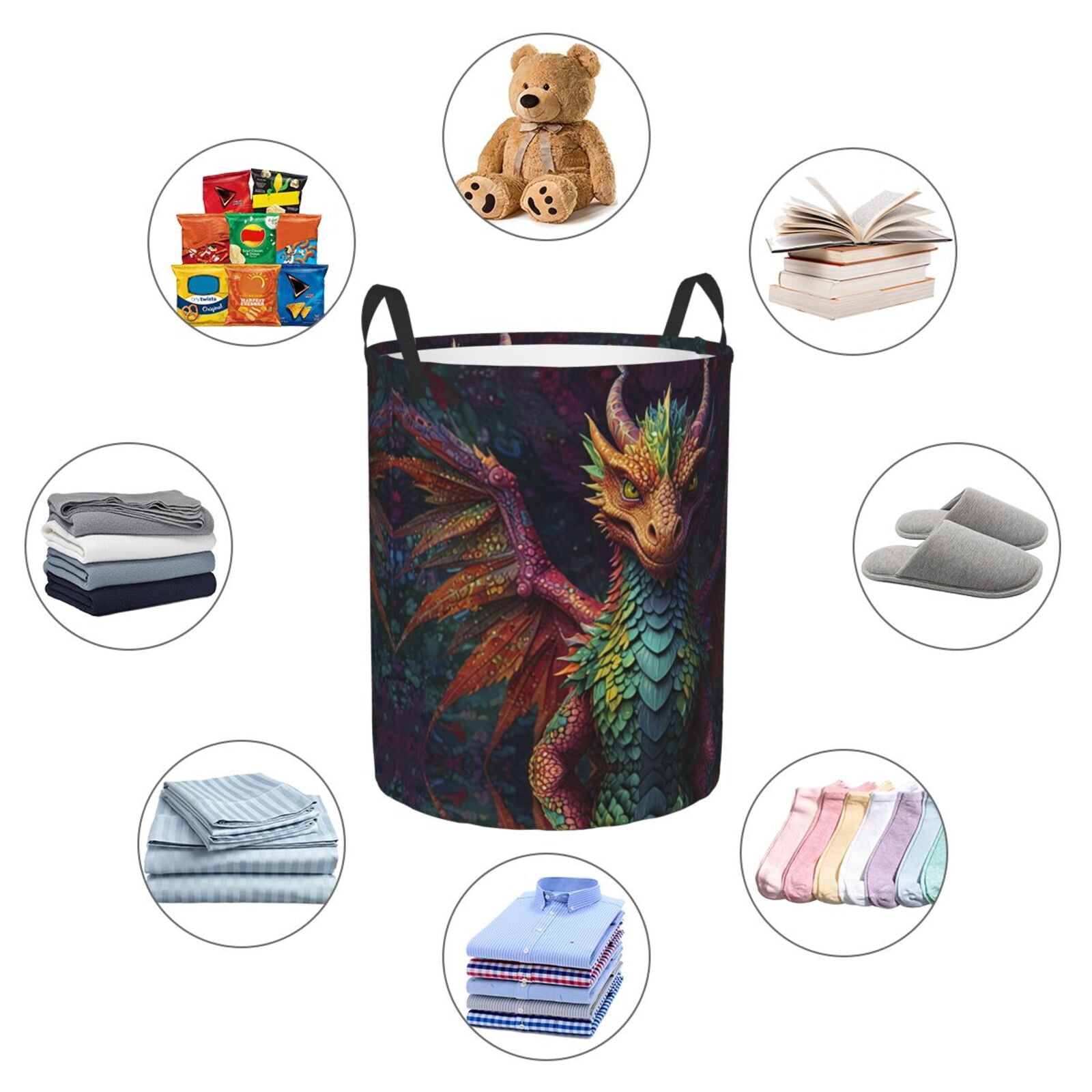 Large Laundry Basket with Handles - Whimsical Dragon Color Cool Kids Baby Dirty Clothes Laundry Hamper for Bedroom Aesthetic