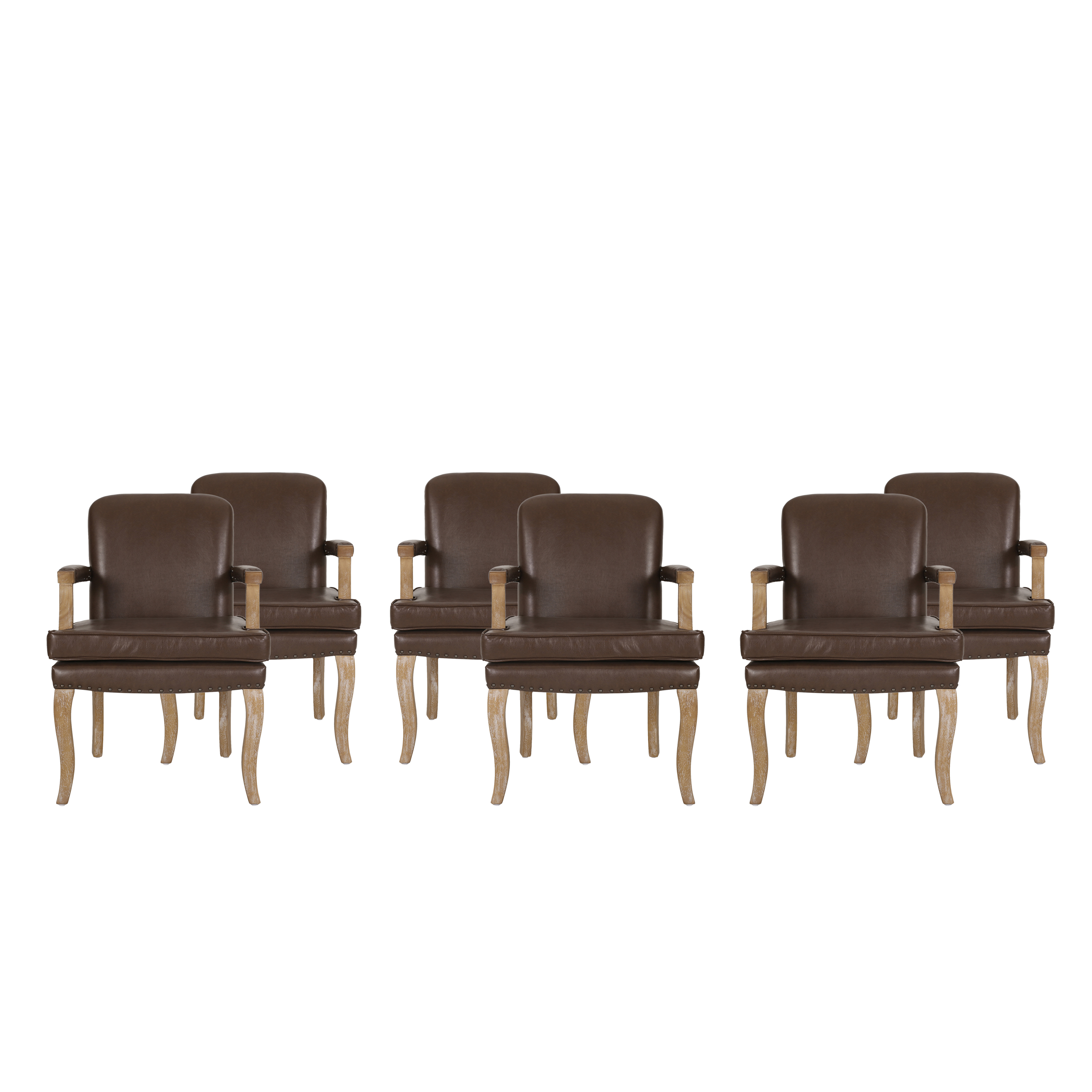 Noble House Ardson Indoor Faux Leather Dining Arm Chair, Set of 6, Dark Brown and Natural