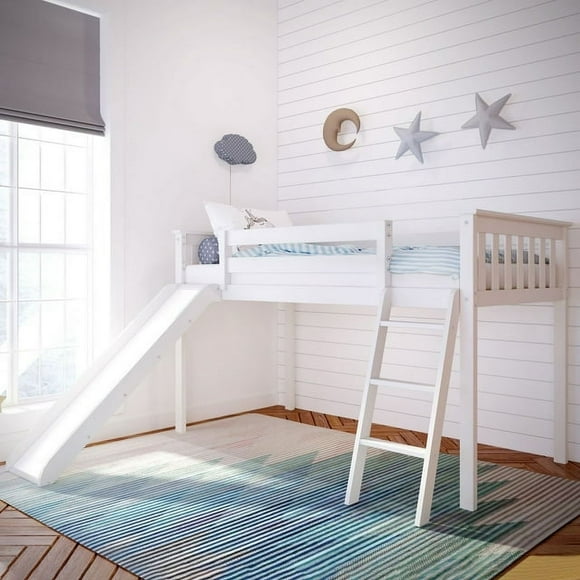 Max & Lily Twin Loft Bed with Slide, Solid Wood Loft Beds with Ladder for Kids, White