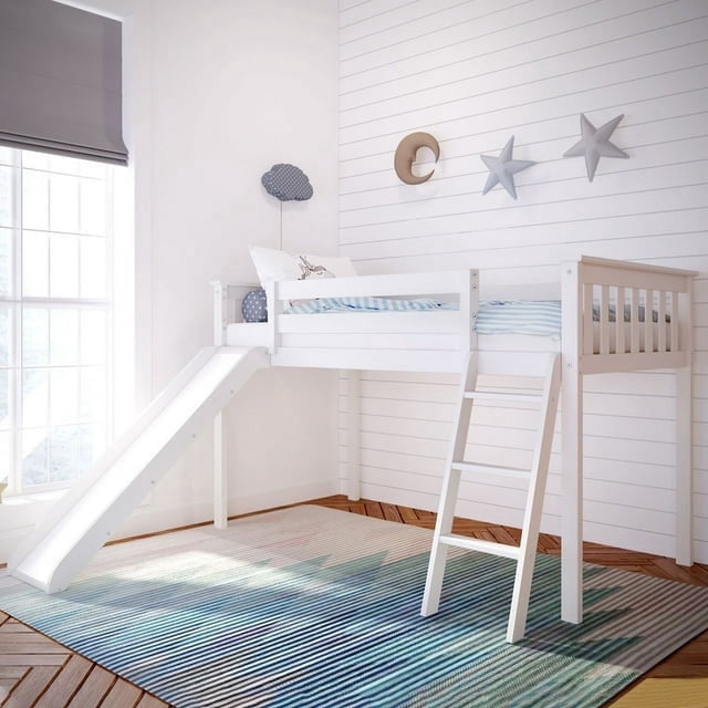Max & Lily Twin Loft Bed with Slide, Solid Wood Loft Beds with Ladder for Kids, White