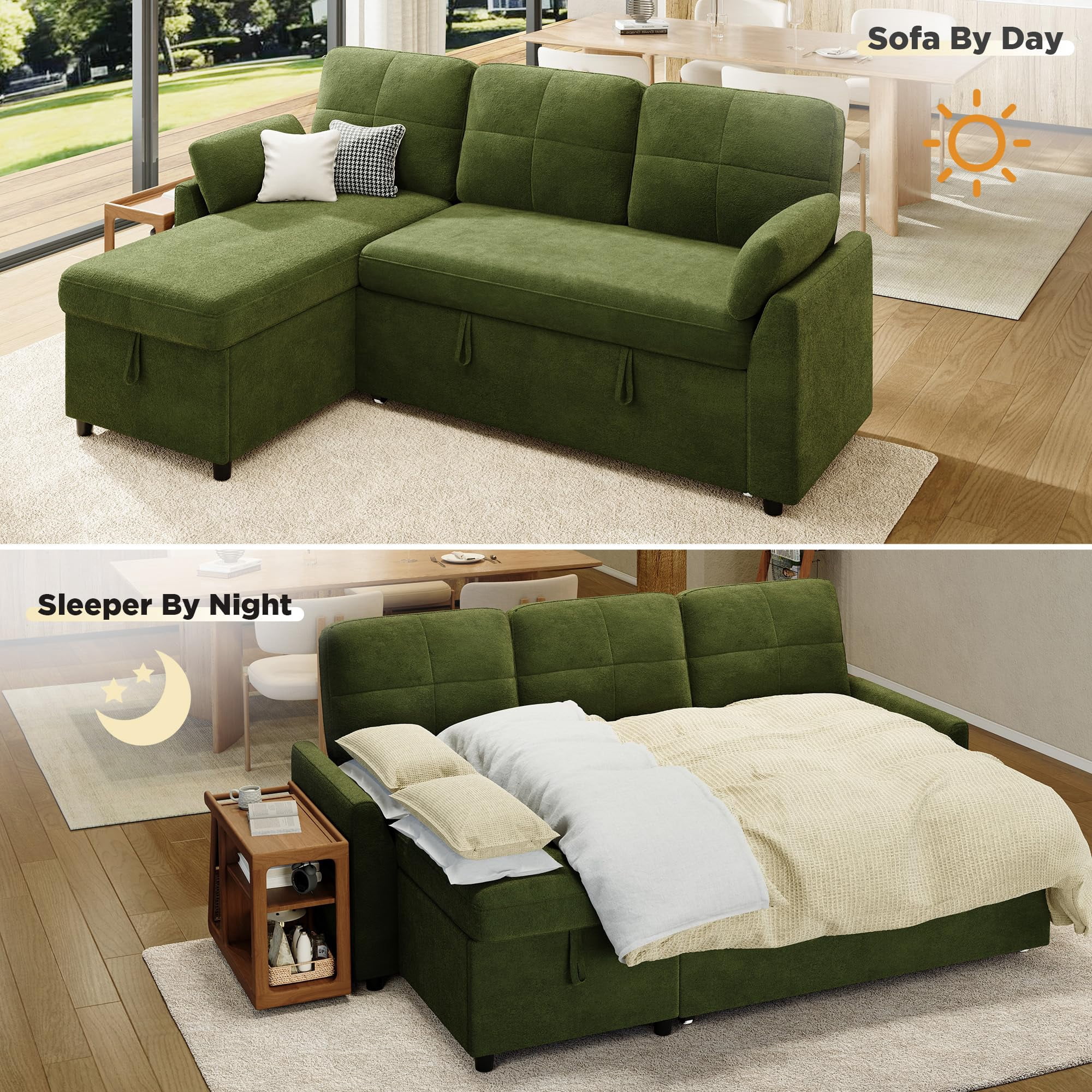 Merluxy 83.5'' Sectiona Sofa Bed with Storage - Green Sleeper Couch for Living Room, Linen