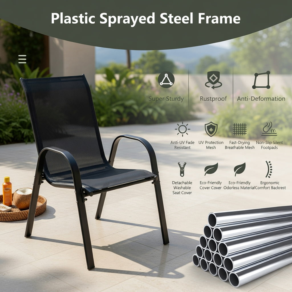 Hommoo 4-Pack Stackable Outdoor Dining Chairs with Ergonomic Armrests, Heavy-Duty Steel Construction for Patio & Deck, Gray