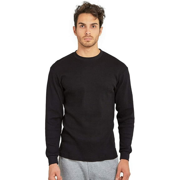 Men’s Classic Waffle Knit Heavy Thermal Top 100% Cotton Long Sleeve Crew Neck Shirt, Black 2XL