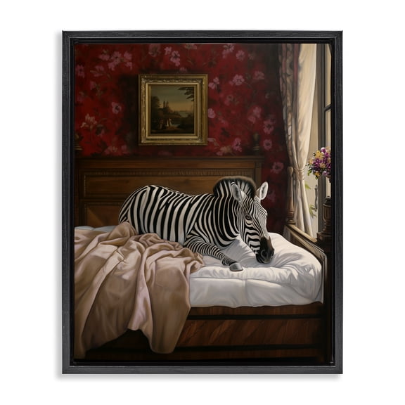Stupell Industries Zebra on Regal Bed Animals Painting Black Floater Framed Canvas Art Print Wall Art, 17 x 21