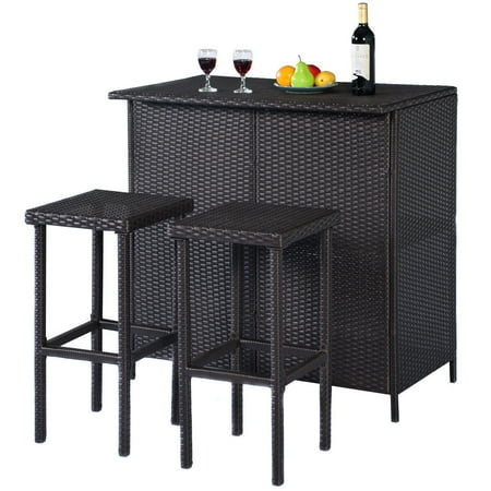Outdoor Party Bar - Costway 3-Piece Wicker Outdoor Patio Bar Set with Table & 2 Stools, Brown
