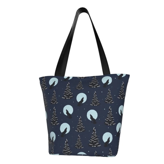 Salouo Night Forest Wolf for Shoppers Tote for Women Foldable Handbags with Big Capacity Casual One-Shoulder Shopping Bag Hobo Bags Fit for Office/Shopping/Park