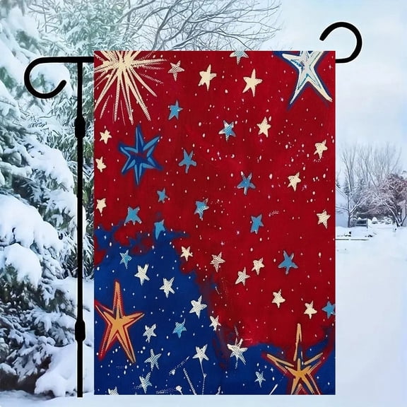 RKSupls Patriotic Linen Double Sided Garden Flag, Independence Day Themed Yard Decor, Red Star Fireworks Abstract Outdoor Banner for Holiday Lawn