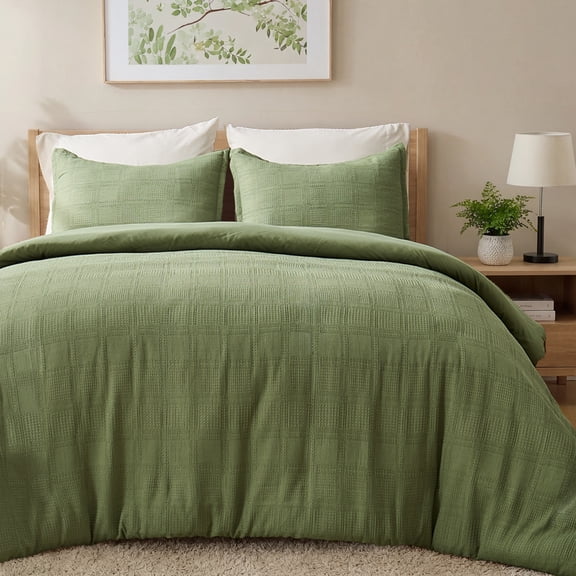 Regency Heights Waffle Weave Duvet Cover Set Ful/Queen Size, Breathable Duvet Cover Set for All Season, 3-Piece Textured Bedding Set with Pillow Shams, Green