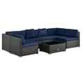 thumbnail image 1 of Outsunny 7 Piece Patio Furniture Set, PE Rattan Outdoor Conversation Set with Sectional Sofa, Glass Tabletop, Cushions and Pillows for Garden, Lawn, Deck, Dark Brown and Navy Blue, 1 of 10