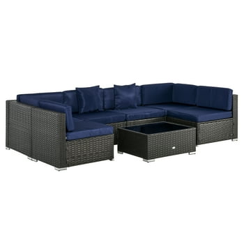 Outsunny Ensemble de Mobilier de Jardin 7 Pcs, Ensemble de Conversation Extérieur en Rotin PE avec Canapé d'Angle, Table Basse en Verre, Coussins et Oreillers pour Jardin, Pelouse, Terrasse, Brun Foncé et Bleu Marine