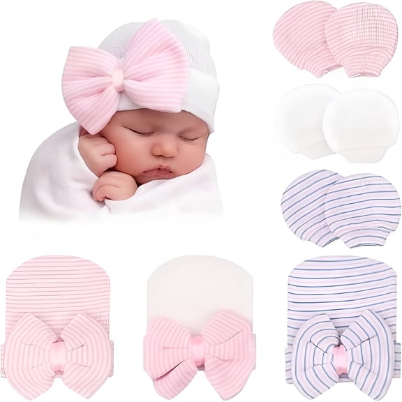 TELOLY Newborn Hospital Hat and Mittens Infant Baby Beanie Soft Cotton Cute Knot Nursery Cap for 0-6 Newborn Beanie