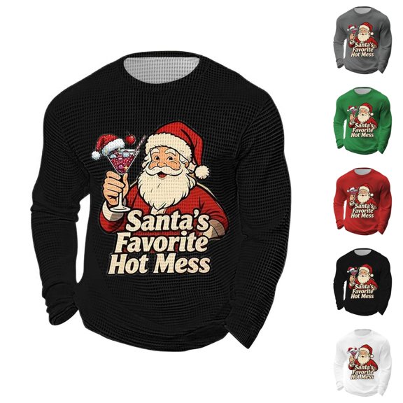 Christmas Shirts for Men Long Sleeve Casual Crewneck Waffle Shirt Funny Santa Claus Graphic Holiday Shirts