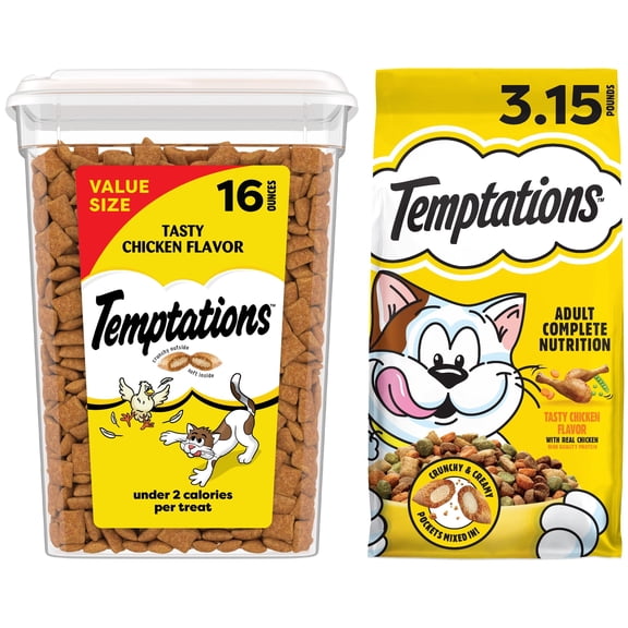 Bundle: Temptations Tasty Chicken Flavor 3.15 lb Dry Cat Food & 16oz Classic Crunchy and Soft Cat Treats