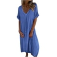 thumbnail image 2 of ClodeEU Women's Linen Blend V Neck Short Sleeve Midi Dress,Lightweight Casual Loose Fit Summer Dress Blue,Women's Plus L, 2 of 8
