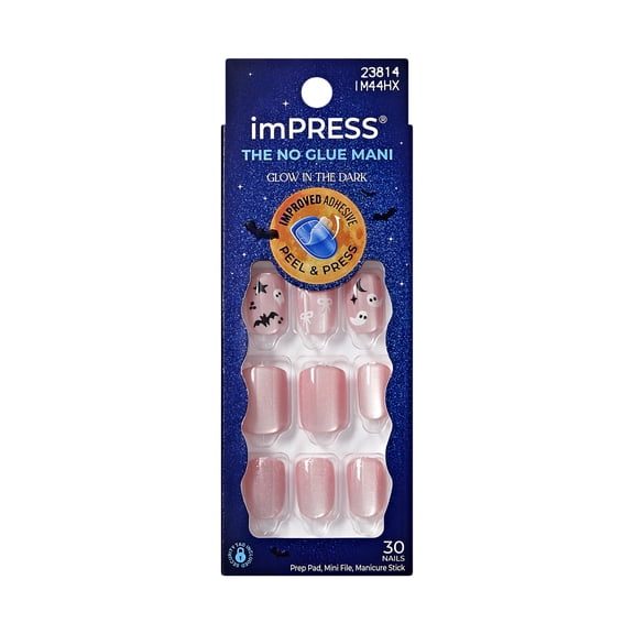 Kiss Impress Press On Nails Short, Halloween, ‘Broom & Bloom’, Pink, Squoval, 30 Count