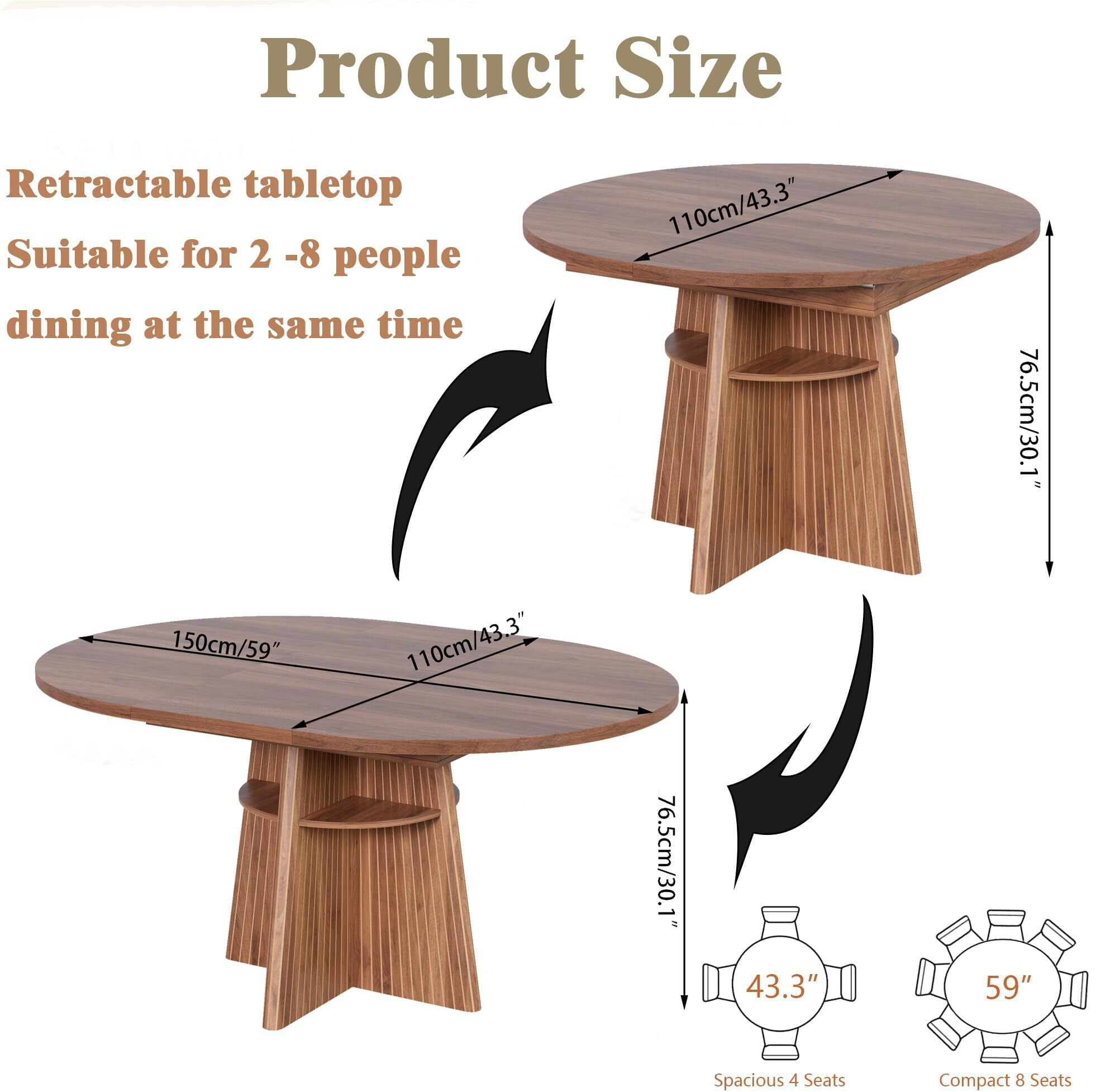 43.3–59" Extendable Dining Table for 4–8, Round Kitchen Table with Fluted Base & 4 Storage Shelves for Living Room, Walnut