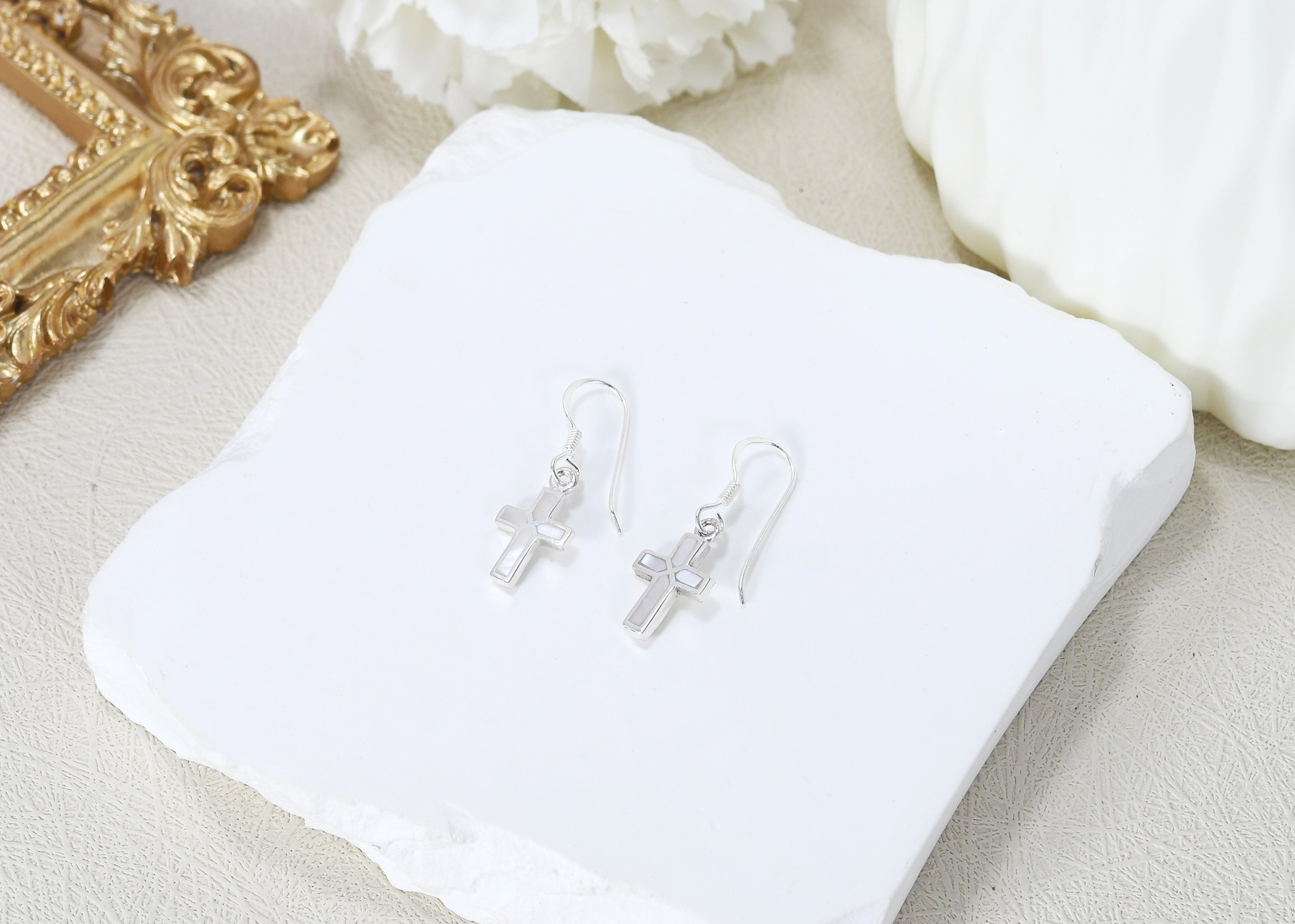 Mini Cross Inlaid White Mother of Pearl Sterling Silver Dangle Earrings
