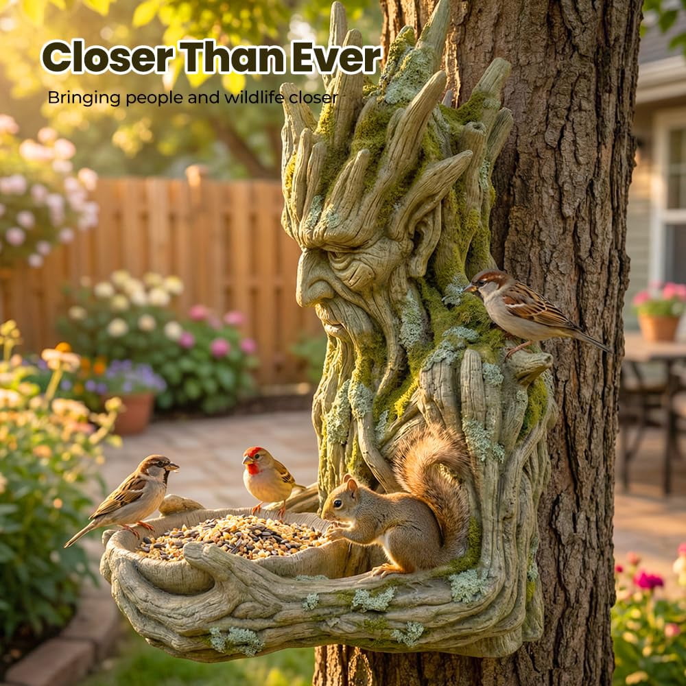 Outdoor Tree Face Bird Feeder Sculpture, Waterproof Tree-Mounted Resin Bird Feeder, Forest Guardian Style Garden Yard Art Decor for Backyard Wildlife