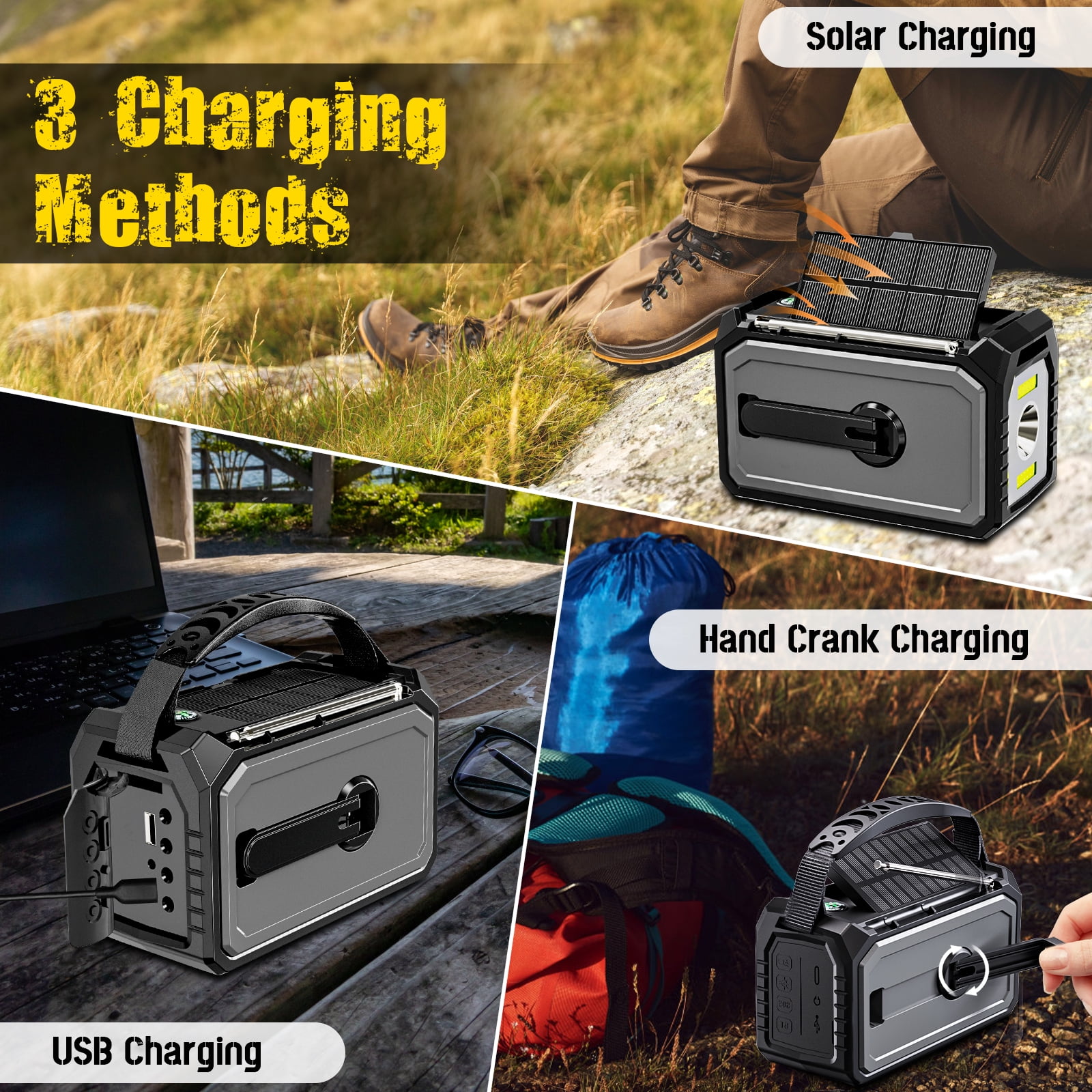 16000mAh/59200mWh Emergency Radio with Bluetooth 5.3-Hand Crank Weather Radio with Battery Powered and Fast Charging, NOAA/AM/FM Portable Solar Radio with SOS Alert Flashlight, Outdoor Survival Gear