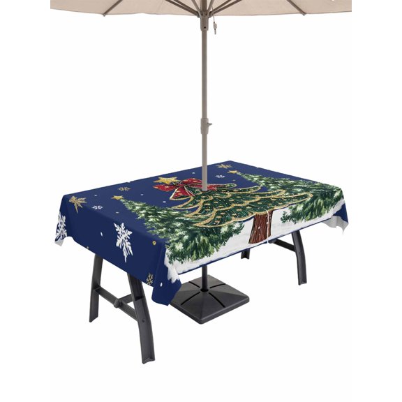 Outdoor Tablecloth with Umbrella Hole and Zipper, Blue Christmas Rectangle Table Cloth 52x70 Inch Waterproof Tablecloth, Xmas Christmas Tree Snowflake Picnic Table Cover for Patio Camping