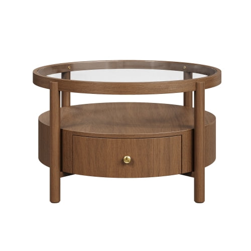 Solid Wood Round Glass Top Coffee Table with Drawer, Mid-Century Modern Circular Center Table with Storage Shelf for Living Room, Walnut