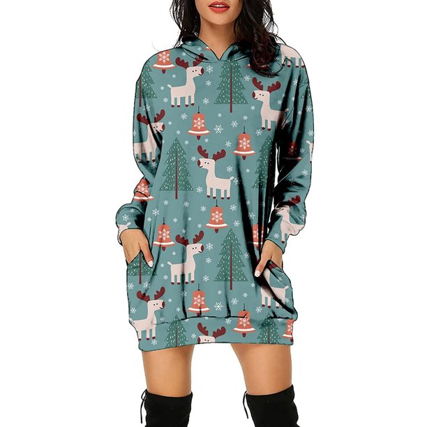 Vestido corto de sudadera con capucha y bolsillos con estampado navideño para mujer informal a la moda Pompotops hdfakjf938