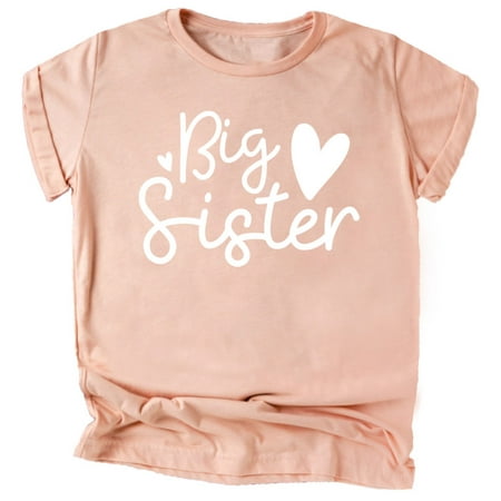 

Olive Loves Apple Cursive Big Sister Hearts Sibling Reveal T-Shirt for Baby and Toddler Girls Sibling Outfits White on Peach Shirt 4T