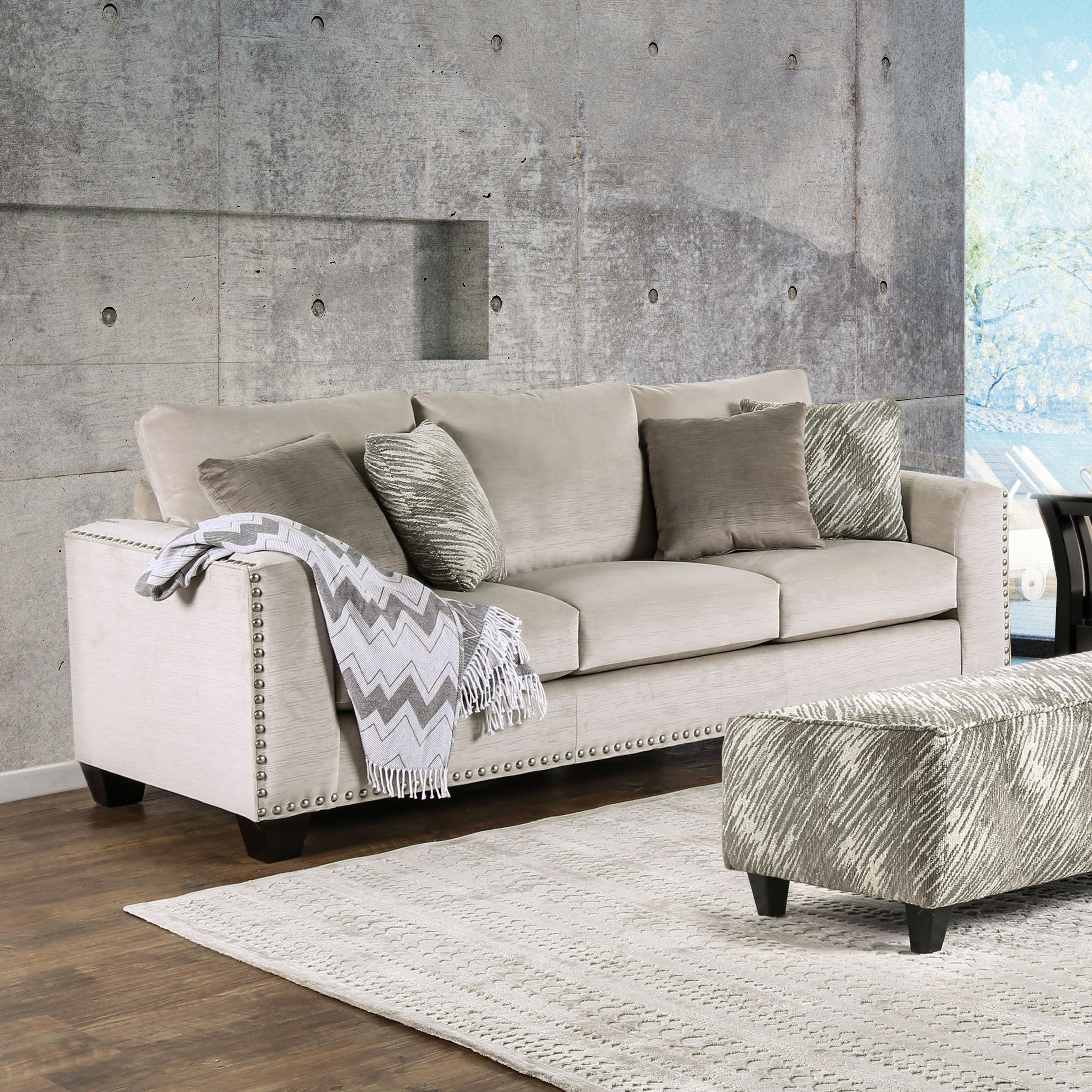 Furniture of America Loda Contemporary Grey Linen Nailhead Sofa
