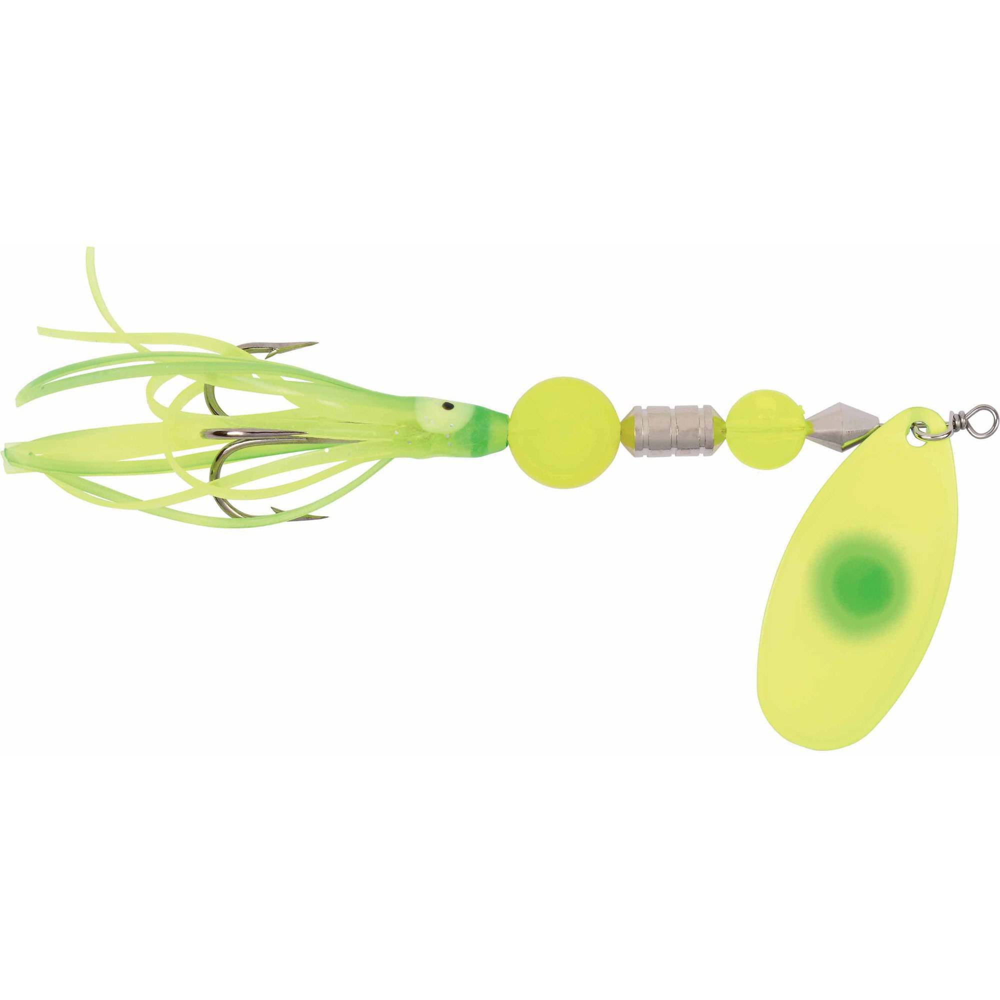 (2 pack) Yakima Bait Worden's Flash Glo 4-3/4" Squid Spinners Trolling Fishing Lure, Chartreuse Green Dot