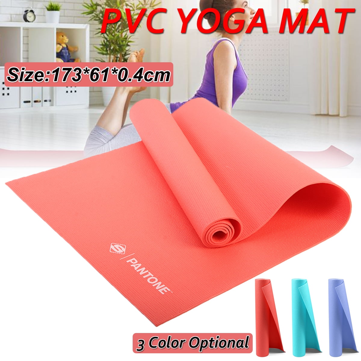 PANTONE Yoga Mat Pilates Non Slip Exercise Fitness PVC Mat with Carrying Strap 