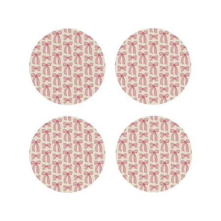 

Rateoe pink hand drawn bows Printed Drink Coasters Set of 4 Leather Coasters Spill Protection for Table Desk Durable and Non Slip Leather Coaster 4 Inches Drink Mats-Round Shape