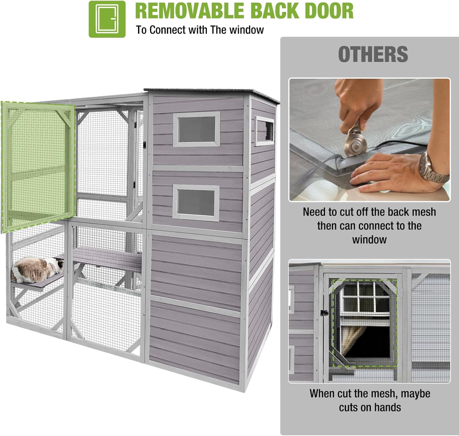 Catio Outdoor Cat Enclosure Large Cat Enclosure 4 Tiers Outdoor Cat House Connectable with Window,Grey,77" L