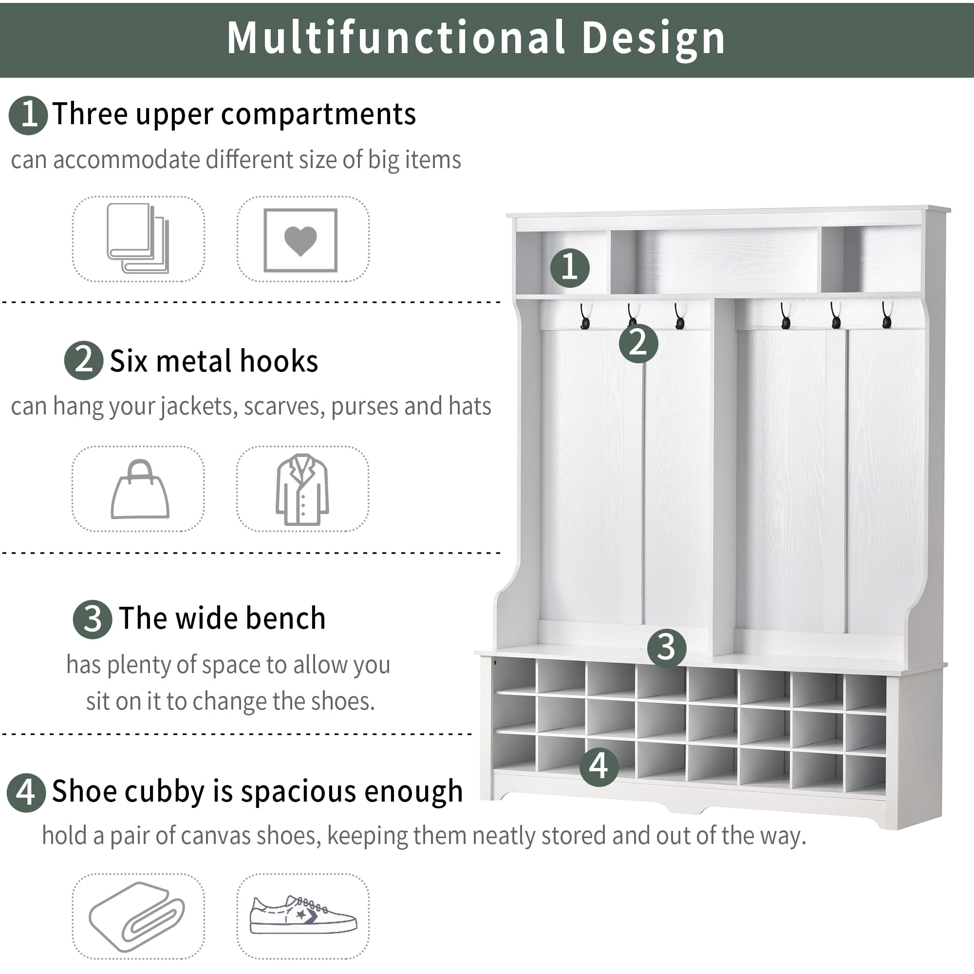 MAYEERTY Modern Hallway Coat Rack with Ample Storage Space: 60" Bench, 24 Shoe Cubbies, Metal Hooks, White