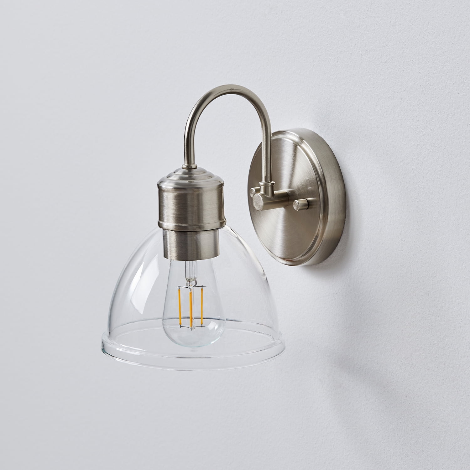Better Homes & Gardens Silver 1-Light Indoor Wall Sconce, Glass Shade, LED Bulb Included, No Battery
