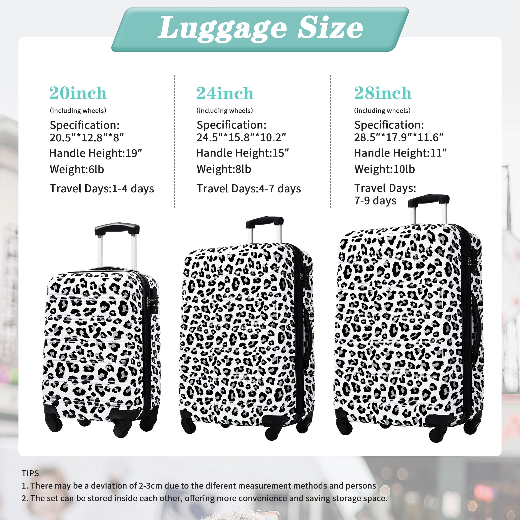 MAYEERTY 3-Piece Lightweight PC Luggage Set - Leopard Print Expandable Hardshell Suitcase with TSA Lock & Spinner Wheels, Black