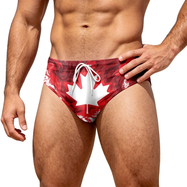 LLDYYDS Mens Canada Swim Briefs Canadian Maple Leaf Flag Graphic 1st July Patriotic Beach Triangle Bikini Swimwear with Drawstring
